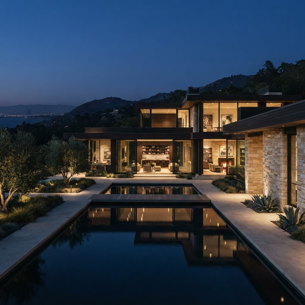 A significant modern Bay Area residence at twilight