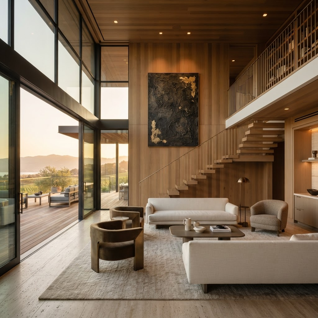 An ultra-luxury living space with a vast glass wall opening to the hills