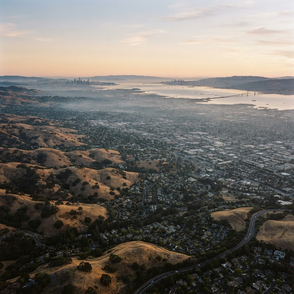 Aerial view of the Silicon Valley and greater Bay Area at dawn