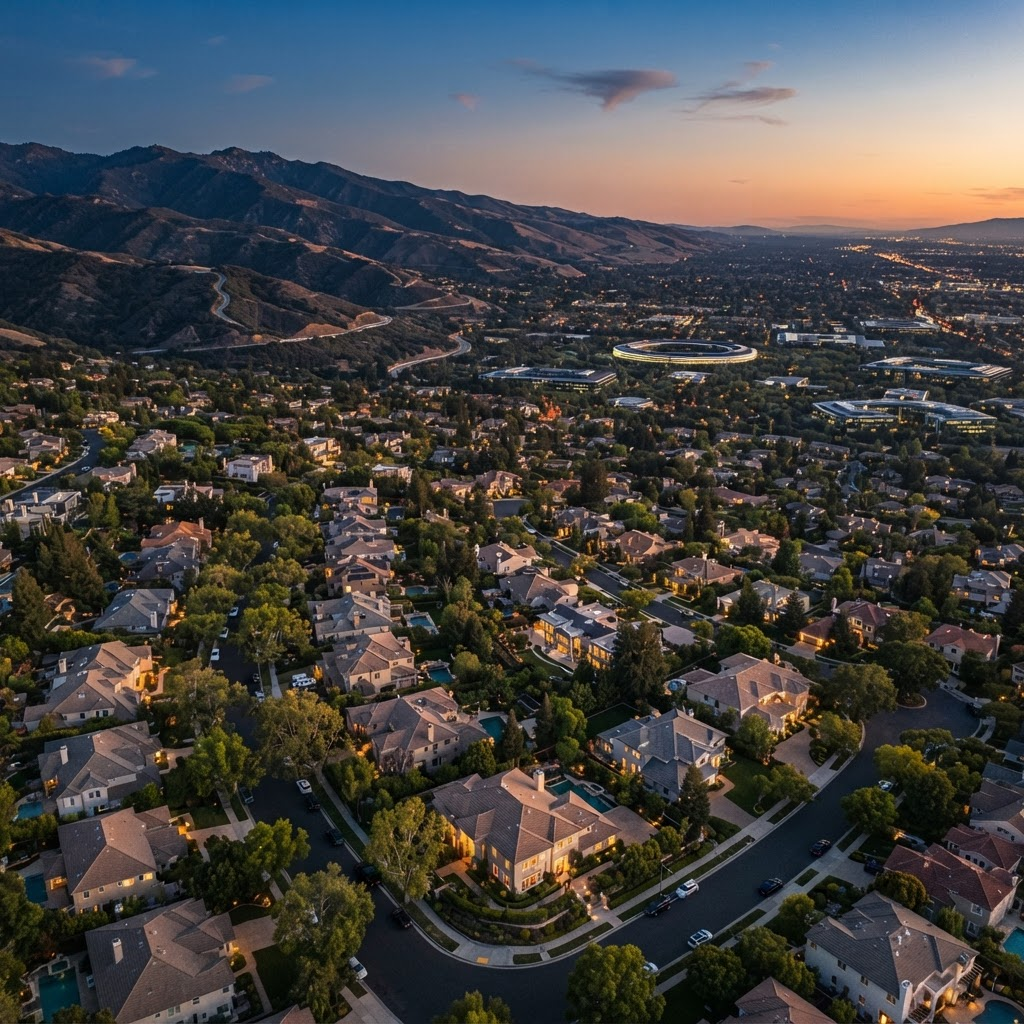A Silicon Valley residential valley framed by the foothills at twilight